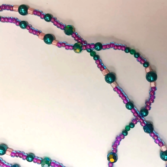 🍧🌈 Handcrafted Beaded Long Pink Purple And Blue Necklace 36" 🦋🎂 - Picture 2 of 5